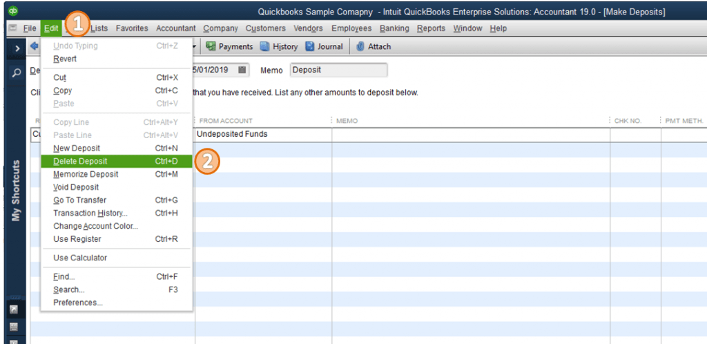 Delete a Check from a Deposit in QuickBooks - Screenshot